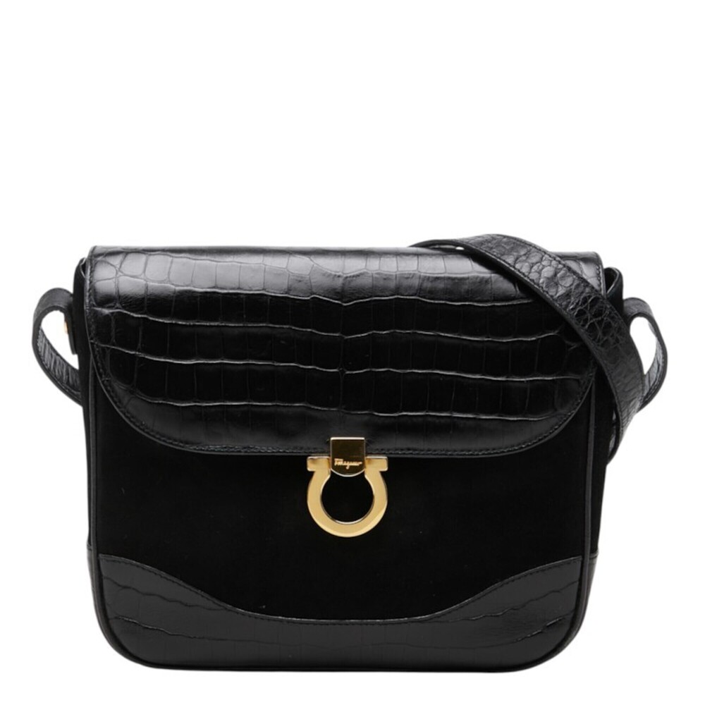 Salvatore Ferragamo Gancini Crossbody Shoulder Bag AQ215716 Black Leather Sue...